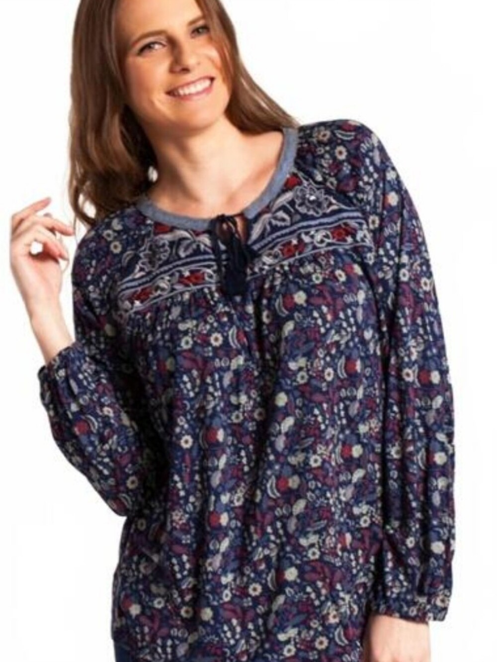 Vintage America Floral Navy Red Peasant Tunic Embroidered Yoke Size Small